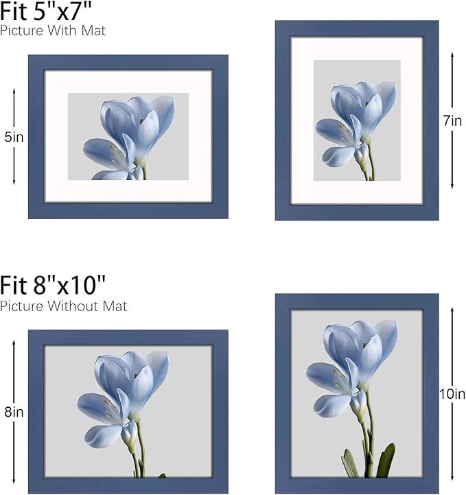 8x10 Picture Frame Set of 9, Display Pictures 5x7 with Mat or 8 x 10 Without Mat, Multi Photo Frames for Wall Mounting or Table Top Display, Blue