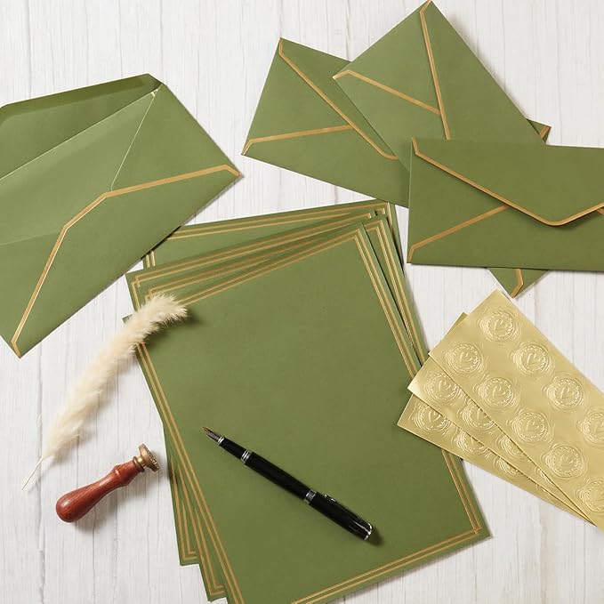 50 Pack Stationery Set with Gold Border, #10 Business Envelopes and 8.5x11 Paper Sheets and Stickers for Writing Letters (Olive Green, 8.5x11 Inches)