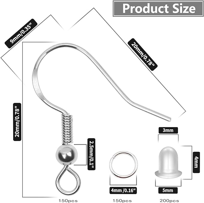 925 Sterling Silver Plated Earring Hooks 150 PCS/75 Pairs,Ear Wires Fish Hooks,500pcs Hypoallergenic Earring Making kit with Jump Rings and Clear Silicone Earring Backs Stoppers (Silver)