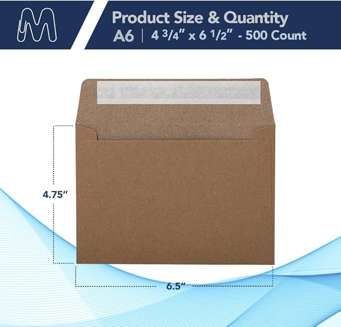 MOS A6 Kraft Envelopes 4.75 x 6.5 Inch 500 Pack — Brown Self-Seal Heavyweight Invitation Envelopes for Greeting Cards, Gift Cards, Weddings, Business Mailings, Thank You Cards