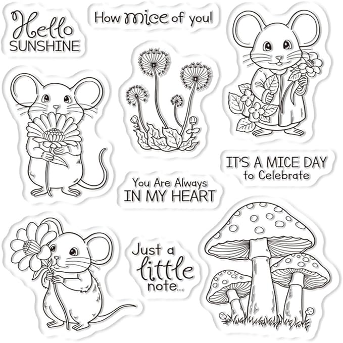 Flower Mouse Mushroom Stamps and Cutting Dies for Card Making DIY Transparent Silicone Clear Stamp and Metal Die Cuts Sets for Scrapbooking Paper Greeting Cards Decor Seals Craft Supplies