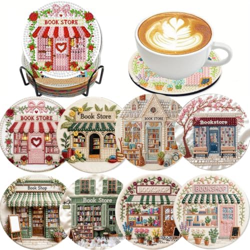 Clendo 8 Pcs Book Shop Diamond Art Coasters Kit - DIY 5D Small Diamond Painting Coasters with Holder, Mini Diamonds Arts Kits for Adults Coaster, Gem Art Arts and Crafts for Adults by Clendo