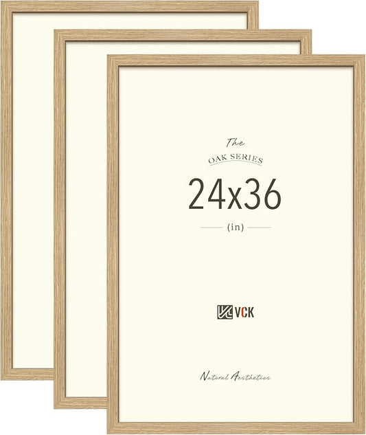 VCK 24x36 Poster Frame Set of 3 - Oak, Natural Solid Wood Picture Frames, Wall Gallery Frame