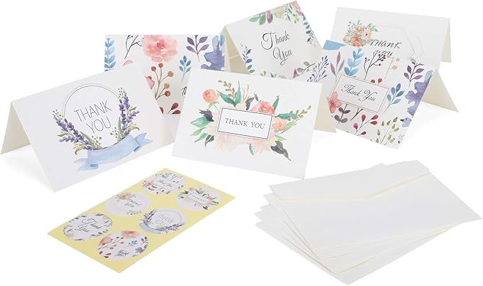 Pilipane Greeting Cards Blank Gift Paper 24Pcs Set with Envelopes and Stickers for Birthday Thank You Notes Holiday Gifts Crafting Writing Graffiti 7 x 10.5cm (thank you)