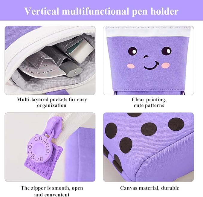 Cute Standing Pencil Case Pen Holder for Kids, Pop Up Stand UP Bubble Tea Pen Organizer Kawaii Stationary for Christmas Holiday New Year Office (Purple)