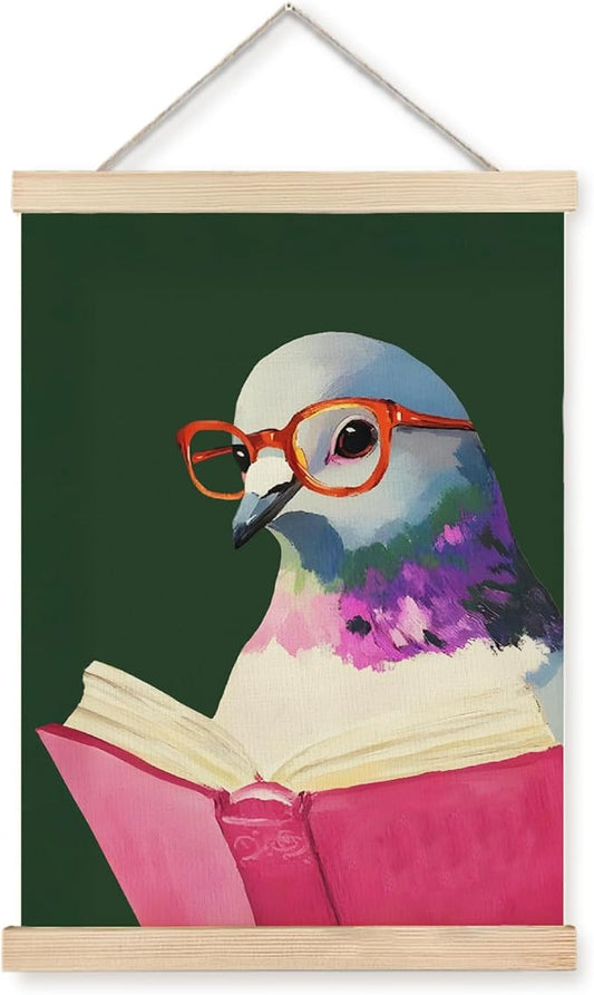 bitCNY Reading Pigeon Wall Art – 12x16 Inch Funny Bird with Glasses Poster, Quirky Animal Reading Print for Library or Office Décor