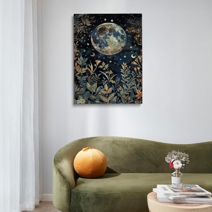 Dark Academic Moon Eclipse Wall Art William Poster Morris Botanical Print Gothic Room Decor Goth Moon and Stars Painting Canvas Vintage Cottagecore Decor for Bedroom Dorm 24x36in Large Frame Wall Art