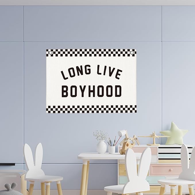Black and White Checkered Long Live Boyhood Boys Room Playroom Wall Decor Vintage Sports Decor for Nursery Playroom Kids Bedroom Dorm Toddler Decorations 22x28 Inch