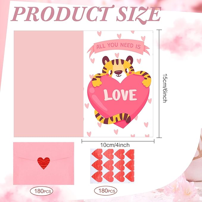 180 Pcs Mini Valentine's Day Cards Assortment Bulk Classroom Kids Greeting Cards 3.5 x 2.4''Foldable Love Heart Greeting Cards Wedding Card with Envelopes Stickers for Valentines Day