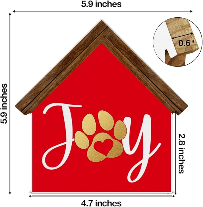 Joy Christmas Sign Decorations, Dog Paws House Shaped Wooden Sign, Rustic Christmas Decor for Farmhouse Home Office