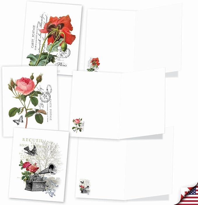 The Best Card Company - 20 Blank Notes with Envelopes - All Occasion Animal Assortment (10 Designs, 2 Each) - Vintage Blooms AM3515OCB-B2x10