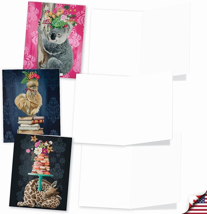 The Best Card Company Assorted Blank Greeting Card Box Set - Incl. 20 Cards + Envelopes - 10 Unique Designs - Perfect for Thank Yous, Invitations, More - Fancy Wildlife AM3364OCB-B2x10