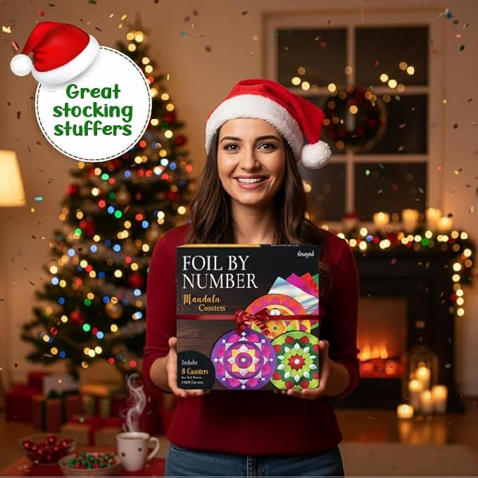 Unwynd Foil by Number Mandala Coaster Kit, 8 Pc DIY Foil Art Kit for Adults, Just Like Paint by Number Kits, Relaxing Arts & Crafts Coaster Set, Craft Gift for Teen & Women