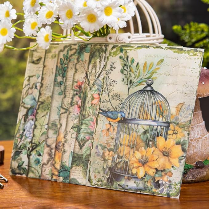 MAFELOE Scrapbook Supplies for Decorative Paper Aesthetic, Art Collage Album and Card Making, Junk Journal Kit Handmade Scrapbook Paper Craft, 6 Packs, 30 Pieces Each - Cage&Bird Series