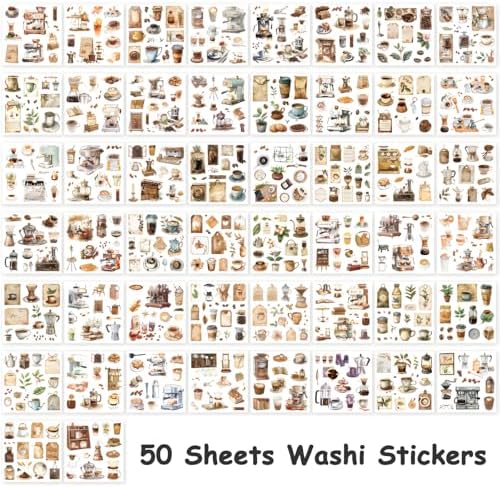 YagCu Coffee Sticker Book, 50 Sheets Journaling Stickers, Junk Journal Supplies, Pre-Cut Aesthetic Washi Materials, Watercolor Scrapbook Stickers for Adults, Decorative Ephemera Planner DIY Arts Craft - Image 4