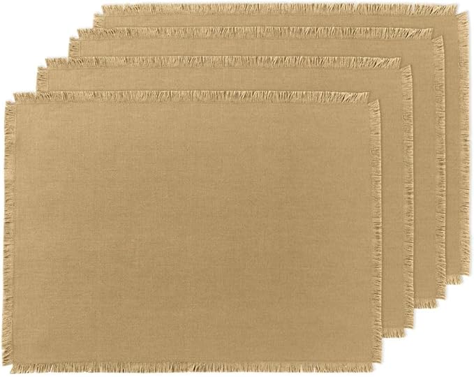 Solino Home Fringe Linen Placemats Set of 4 - 14 x 19 Inch Placemats Kelp - 100% Pure Linen Table Mats for Spring - Handcrafted and Machine Washable