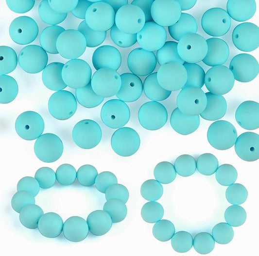 ASTARON 100 Pcs 15mm Silicone Beads for Keychain Making, Cyan Blue Silicone Beads Bulk Round Rubber Beads for Bracelets Beadable Pens Decorations Crafts Supplies
