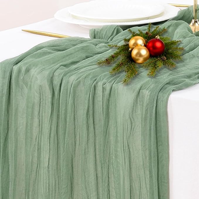 Socomi Sage Green Cheesecloth Table Runner Valentine's Day Boho Rustic Farmhouse Gauze 120 inch 10FT Cheese Cloth Runner for Wedding Party Baby Shower Birthday Home Decor Holiday Decorations