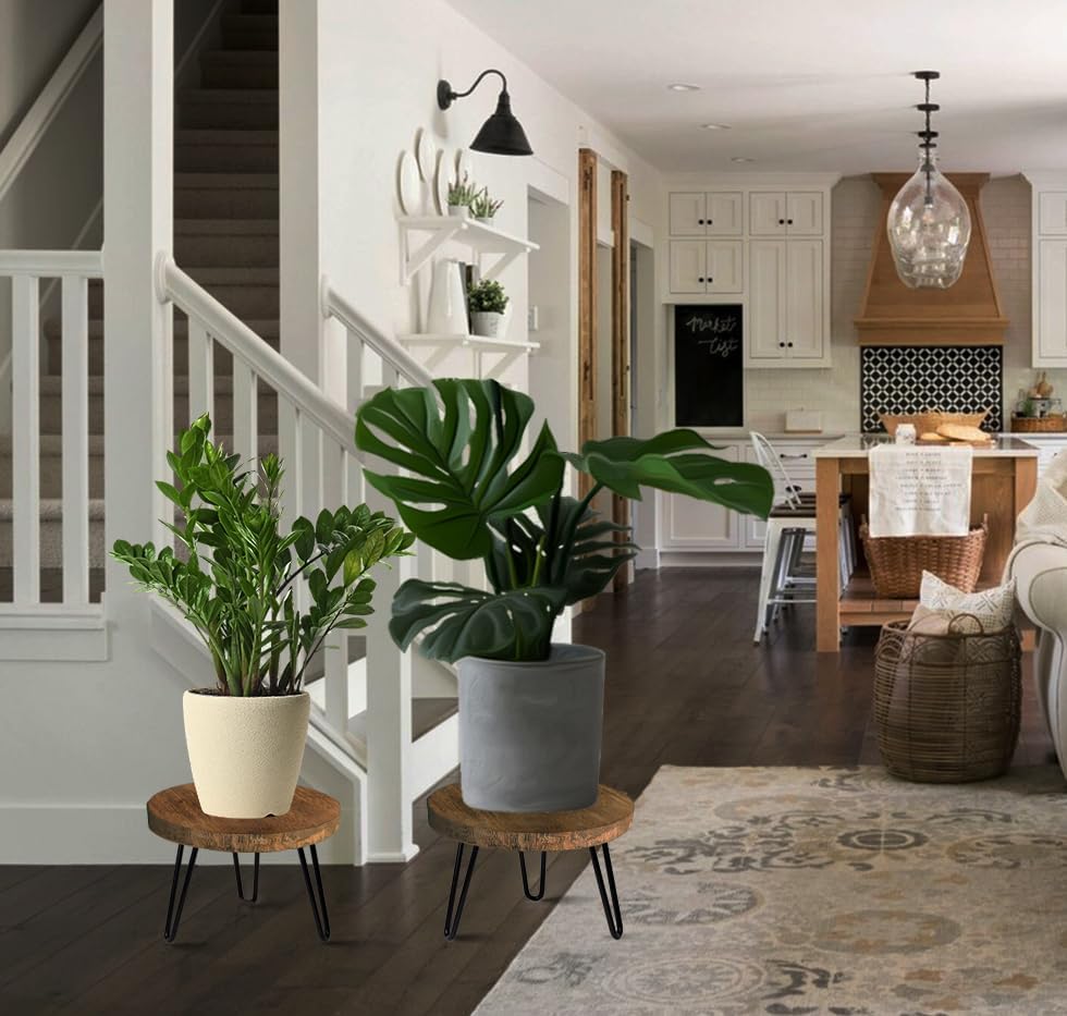 OBTAIN Plant Stand Indoor Outdoor, Wooden plant Stool, Mid Century Plant Stand for Indoor Plants, Wood Modern Plant Holder Rattan Flower, Low Short Boho Rustic Planter Stand Fit 5-15 Inch Pot(M, L) - Image 5