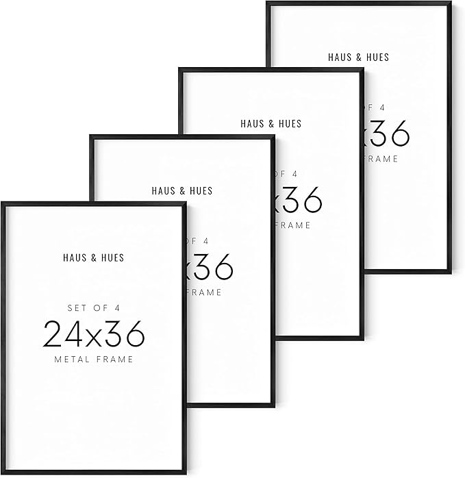 HAUS AND HUES 24x36 Black Metal Picture Frames - Features Premium Aluminum & Hanging Hardware, Shatterproof Plexiglass - Ideal for Home, Room, Office (24x36 in, Black, Set of 4)