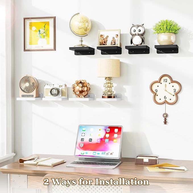 SRIWATANA Small Floating Shelves Wall Mounted, Wood Shelf for Decoration and Storage Set of 4, Mini Display Shelf for Bedroom, Bathroom, Kitchen, Office (White, 5 inch)