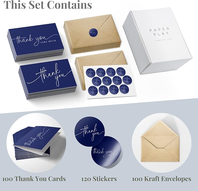 Thank You Cards | Bulk Greeting Cards | 100 Pack (Navy Blue)
