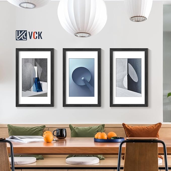 VCK 11x17 Picture Frames Black Set of 5, Wide Border Wood, Tempered Glass, Display 8x12 Photo with Mat or 11 x 17 without, for Home, Office, Gallery, Woodgrain Series, Wall Hanging