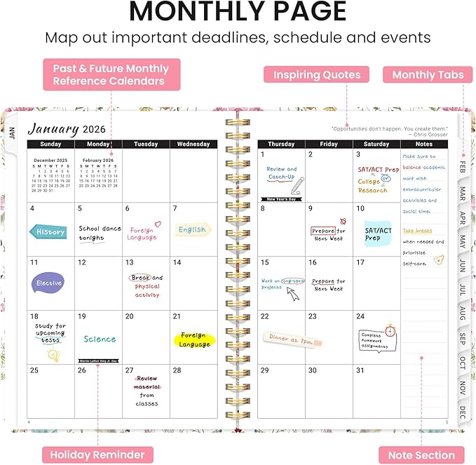 Taja Planner Jan 2026 - Dec 2026, Hardcover Weekly & Monthly Calendar Planner/Planning Agenda Book for Women with Tabs & Inner Pocket, Spiral Bound for School/Office Supplies, Wildflowers, 6.3" x 8.5"