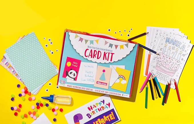 AreYouGame.com Make Your Own Custom Birthday Card Kit DIY Craft Kit for Ages 6+ | Includes 100+ Pieces: Cards, Stickers, Pom Poms | Create Personalized Birthday Greetings