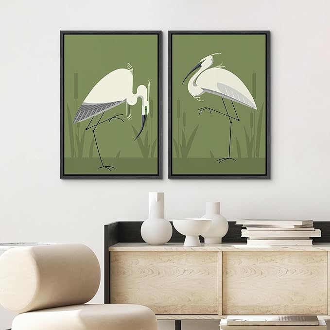 SIGNWIN Framed Canvas Print Wall Art Set Heron Bird Minimalist Egret Illustrations Modern Art Minimal Boho Colorful for Living Room, Bedroom, Office - 24"x36"x2 BLACK