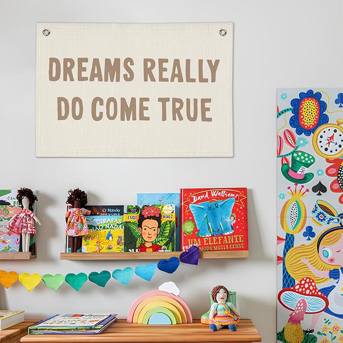 Motivational Positive Banner, Dreams Really Do Come True Linen Banner Wall Hanging Banner Flag Decor For Boy Girl Kids Room Nursery Playroom