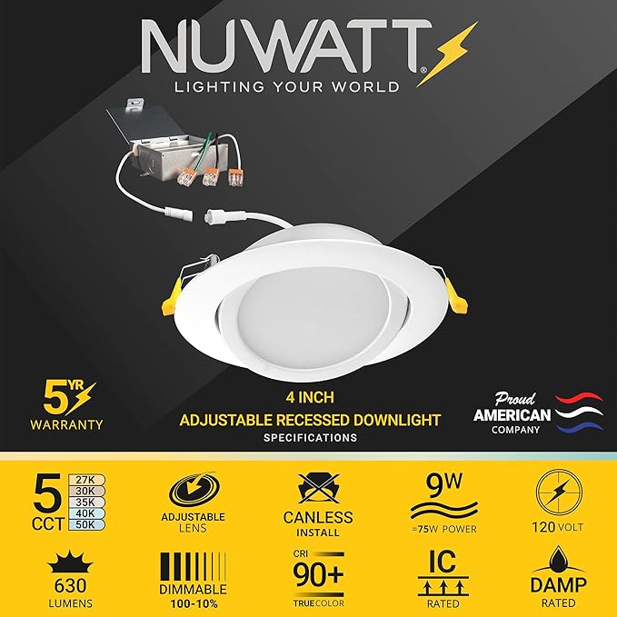 NUWATT 4 Inch Gimbal LED Recessed Lighting, 5CCT 2700K/3000K/3500K/4000K/5000K Selectable, 630 Lumen, Dimmable, Adjustable Canless Eyeball Lights for Sloped Ceilings, Metal Junction Box, 6 Pack