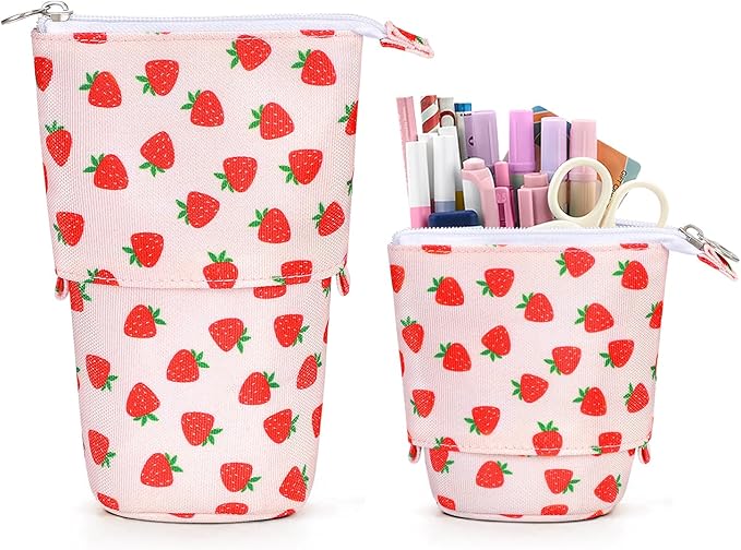 Cute Standing Pencil Case Pen Holder for Kids, Pop Up Stand UP Bubble Tea Pen Organizer Kawaii Stationary for Christmas Holiday New Year Office (Strawberry)