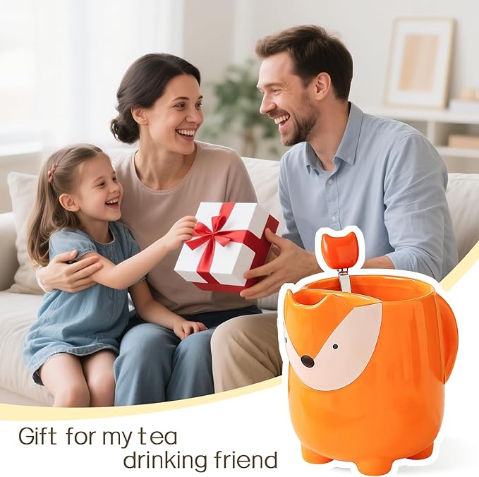 Yuwu uwu 17oz Fox Mug with Built-in Tea Bag Holder and Spoon – Cute Glossy Ceramic Animal Tea Cup for Kids, Women, Girls – Gift for Autumn, Birthday, Christmas (orange)
