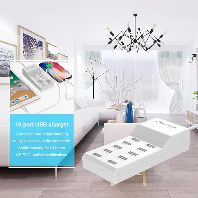 USB Wall Charger USB Charging Station for Multiple Devices Smart Charging Power Hub for Multiple Devices 10 Port Desktop Charger Charging Station Secure Block Compact for iPhone iPad Phone