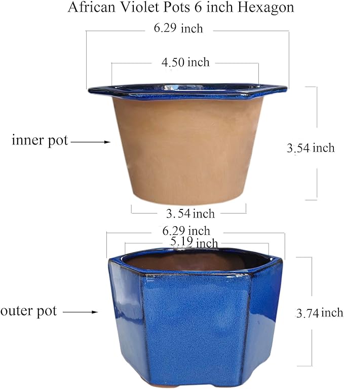 African Violet Pots 6 inch Hexagon Self-Watering Ceramic Violet Pots 4.50'' Opening (Blue)