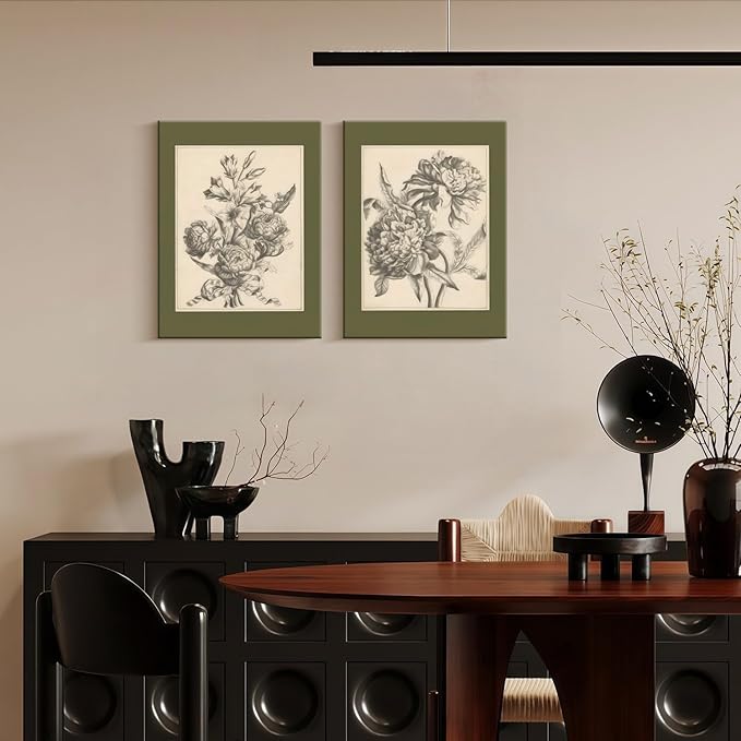 2 Pcs Framed Flower Sketch Wall Art Sage Green Floral Poster Vintage Botanical Wall Decor Peony Flower Prints Antique Floral Drawing Painting for Bedroom Living Room 16x24 inch Ready to Hang