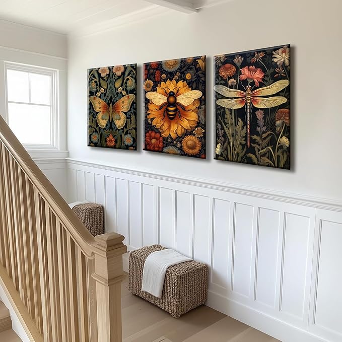 3 PCS William Morris Canvas Wall Art for Home Decor Bee Dragonfly Butterfly Painting Poster William Morris Botanical Insects Pictures Prints Wall Decor for Living Room Bedroom Home Decorations 16×24 in(Stretched Canvas on A Wooden Frame)