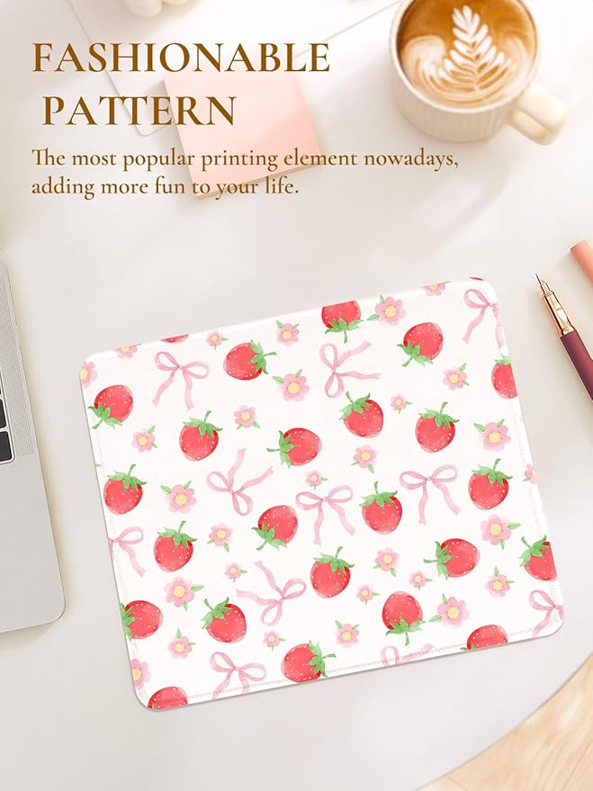 Cute Pink Mouse Pad,Waterproof Aesthetics Bowsknot Mouse Pads Design, Non-Slip Rubber Base Computer Simple Funny Mousepad,Small Mouse Mat Desk Accessories Office Supplies,Red Strawberry Bow