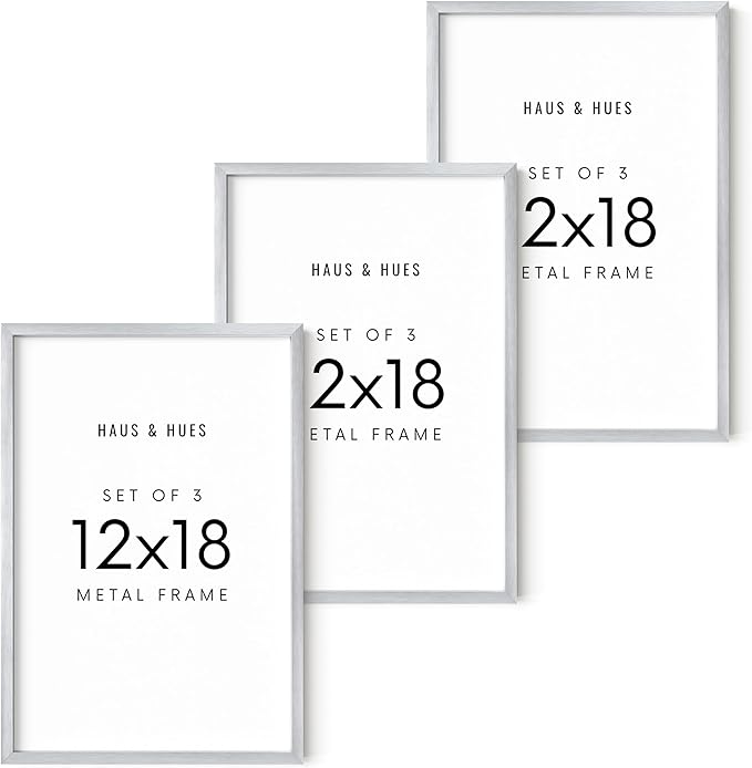 HAUS AND HUES 12x18 Silver Metal Picture Frames - Features Premium Aluminum, Vertical & Horizontal Hang, Shatterproof Plexiglass - Perfect for Home, Room, Office (12x18 in, Silver, Set of 3)