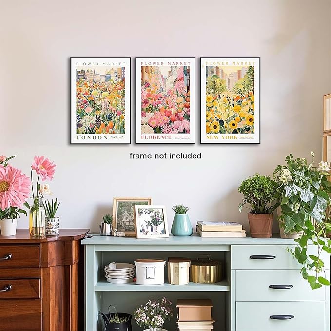 XLARTMY Flower Market Wall Art Print Canvas Yellow Pink Floral Paintings Colorful Botanical Sunflower Artwork Travel Poster for Decor Picture 3 pieces for Living Room Bedroom Bathroom 16x24in Unframed