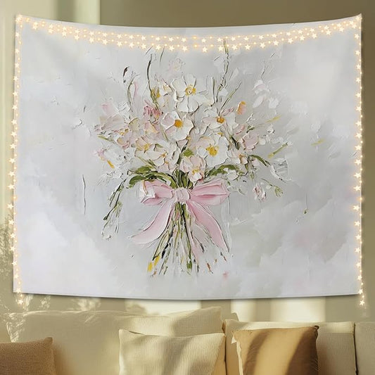 STHTTSW Wildflower Pink Bow Tapestry Aesthetic, Flower Tapestries Wall Blanket, Neutral Beige Botanical Wall Hanging Decor for Teen Girl Women Home Living Room Bedroom, 50x60 Inch