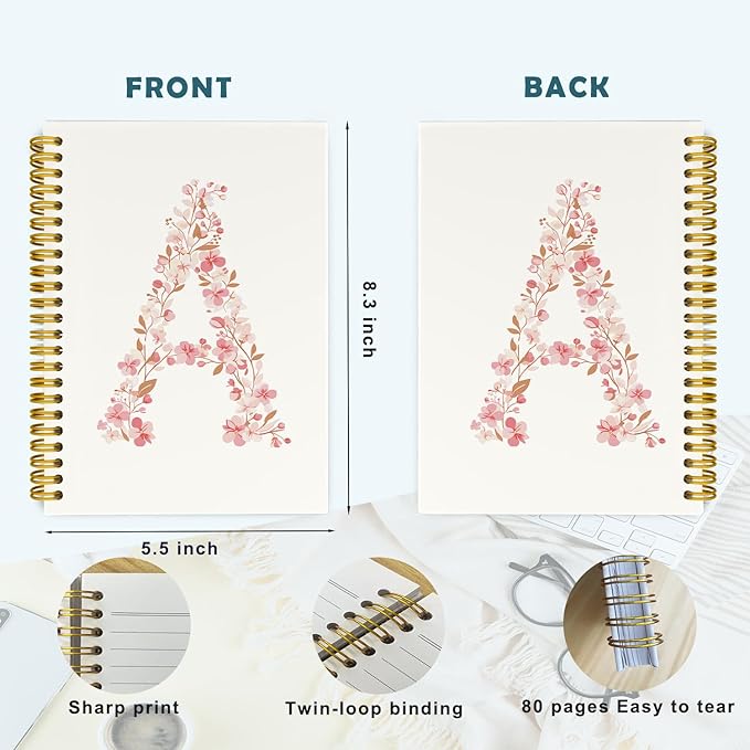 Pink Cute Spiral Notebook Journal, Preppy Floral Initial Letter A Personalized Journaling Notebooks, Monogrammed Gifts for Women Girls, Botanical Hardcover Spiral Lined Notebook 5.5 x 8.3