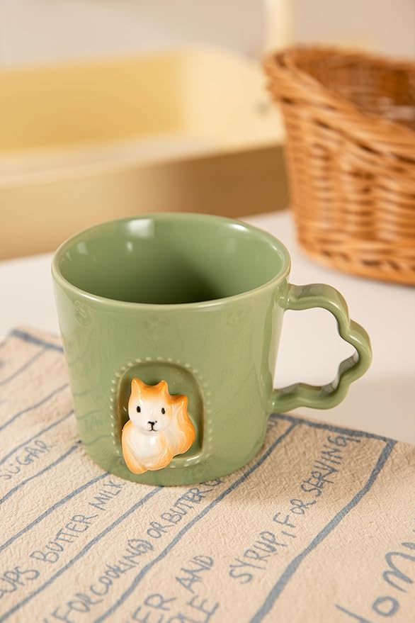 DIHOclub Squirrel Ceramic Cup Window Animals Mug Cute Cartoon Handmade Figurine Mugs,Holiday and Birthday Gift for Daughter,Son,Kids,9 OZ (Green)