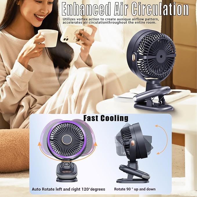 Auto Rotating Oscillating Fan for Bedroom,Portable USB Rechargeable Desk Fans Small Quiet, 5 Speed Mini Table Fan for Office,Clip on Fan for Bed,Cooling Fans for rooms,Vintage Fans for living room