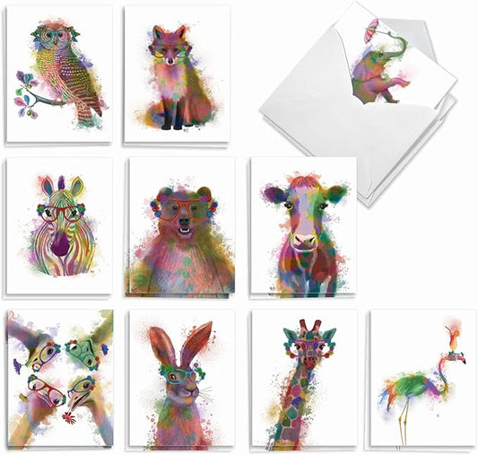 The Best Card Company - 20 Assorted Watercolor Animal Blank Notecards Box Set 4 x 5 In with Envelopes (10 Designs) Camp Note Cards Stationery Set, Funky Rainbow Wildlife AM4948OCB-B2x10