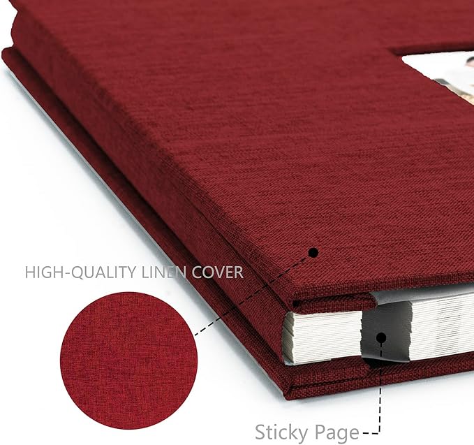 Photo Album Self Adhesive Pages for 4x6 5x7 8x10 Pictures Magnetic Scrapbook Photo Albums with Sticky Pages Books with A Metallic Pen for Baby Wedding Family 11x10.6 Red 40 Pages