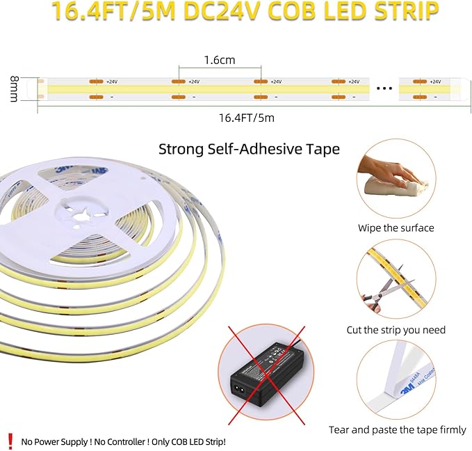 LED Strip Lights 24V Daylight White LED COB 6000K Super Bright LED16.4ft Dotless High Density Cuttable Flexible for Home DIY Commercial Lighting Projects 3 Pack (Power Supply & Dimmer Not Included)