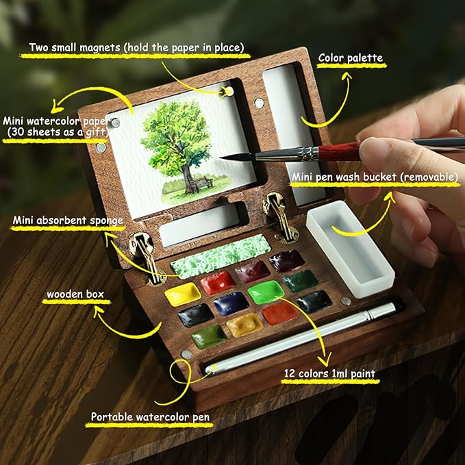 AUK Travel Mini Watercolor Paint Set for Adult Artists, Pocket Portable Wooden Watercolors Painting Kit Contains Drawing Pen Paper Sponge Wash Bucket