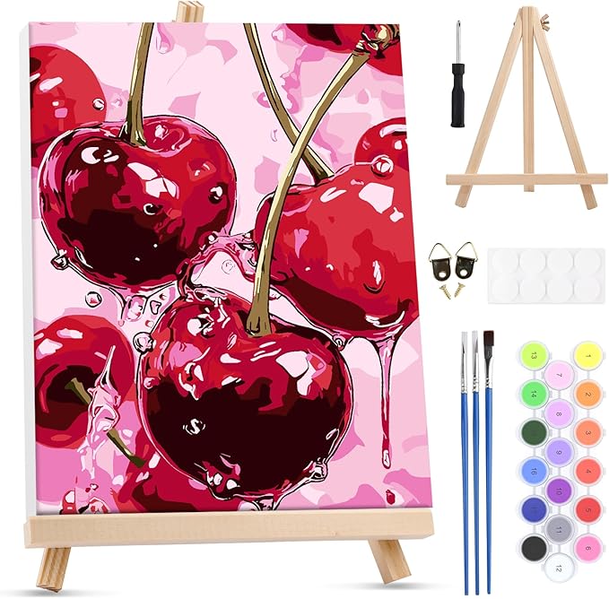 MXJSUA Cherry Framed Paint by Numbers for Adults Beginners, Easy Adults' Paint-by-Number Kits on Canvas with Easel, Cherry Acrylic Number Painting Crafts Kits Gifts for Home Decor, 8x10inch